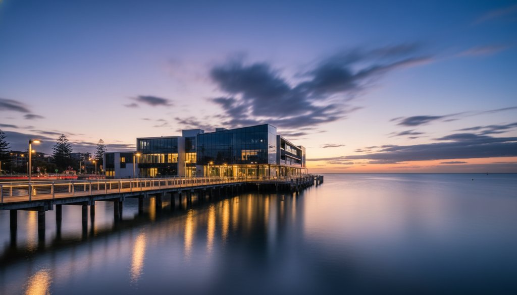 Dramatic long exposure shot capturing Frankston's modern coastal architecture photography at twilight, with the pier lights reflecting on the water and a sleek, contemporary building facade illuminated against a deep blue sky, conveying an epic sense of urban elegance.