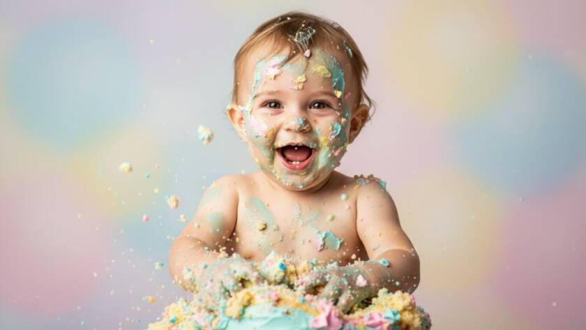 An adorable one-year-old child in a vibrant, messy cake smash moment, covered in frosting and laughing joyfully, captured with dramatic lighting and professional colour grading at a studio setting in Rowville, Victoria, embodying fun cake smash photography Rowville VIC.