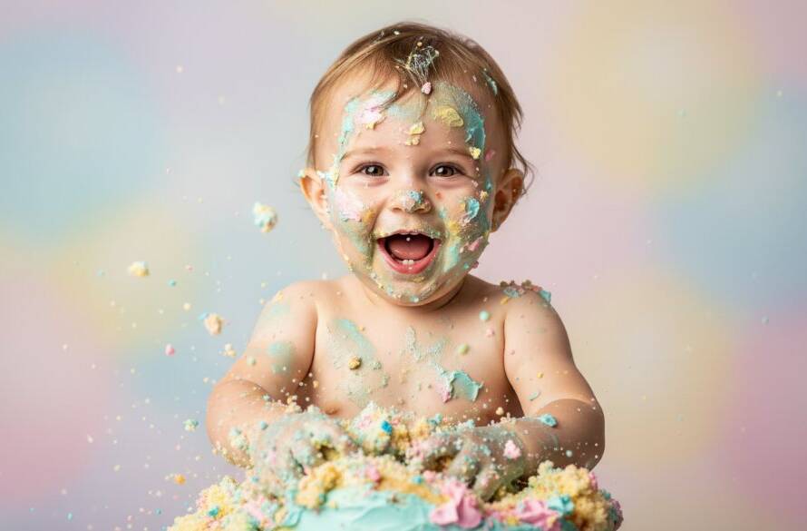 An adorable one-year-old child in a vibrant, messy cake smash moment, covered in frosting and laughing joyfully, captured with dramatic lighting and professional colour grading at a studio setting in Rowville, Victoria, embodying fun cake smash photography Rowville VIC.