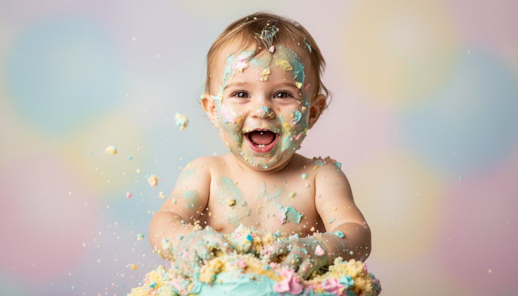 An adorable one-year-old child in a vibrant, messy cake smash moment, covered in frosting and laughing joyfully, captured with dramatic lighting and professional colour grading at a studio setting in Rowville, Victoria, embodying fun cake smash photography Rowville VIC.