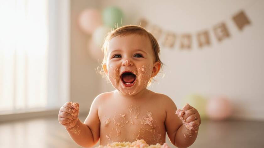 An epic moment of a joyful baby covered in cake during a fun first birthday cake smash in Endeavour Hills Victoria, with dramatic natural light highlighting the sweet, messy celebration.