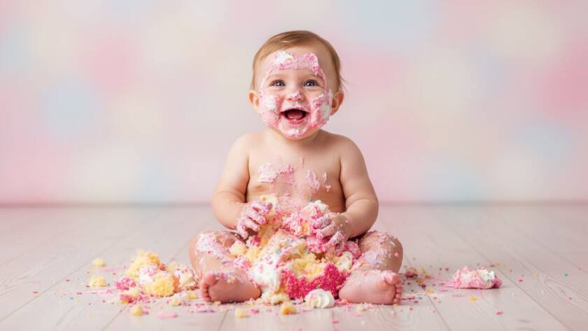 An adorable baby laughing amidst a colourful cake smash, covered in frosting, with dramatic backlighting capturing the joyous chaos during a fun first birthday cake smash photography Kingsville Victoria session, professionally colour graded.