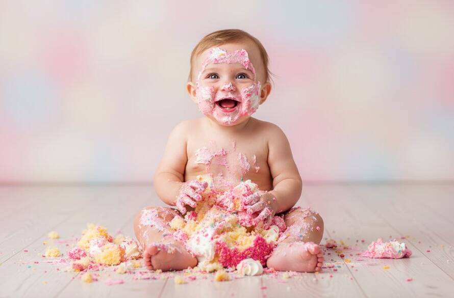 An adorable baby laughing amidst a colourful cake smash, covered in frosting, with dramatic backlighting capturing the joyous chaos during a fun first birthday cake smash photography Kingsville Victoria session, professionally colour graded.