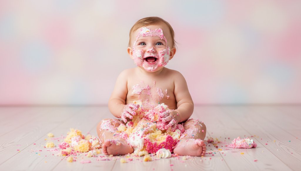 An adorable baby laughing amidst a colourful cake smash, covered in frosting, with dramatic backlighting capturing the joyous chaos during a fun first birthday cake smash photography Kingsville Victoria session, professionally colour graded.