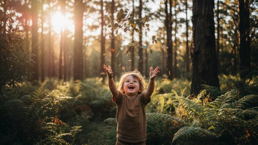 A child joyfully leaping over a small stream at Ferntree Gully National Park, surrounded by lush eucalypts, capturing an epic moment of Fun Kids Photography Ferntree Gully Adventures with dramatic golden hour light.
