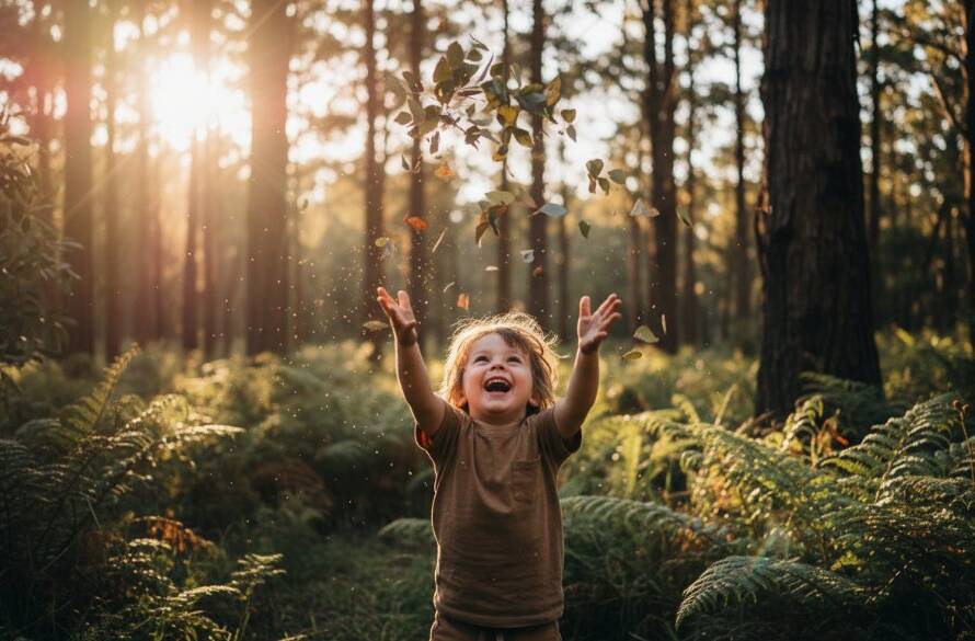 A child joyfully leaping over a small stream at Ferntree Gully National Park, surrounded by lush eucalypts, capturing an epic moment of Fun Kids Photography Ferntree Gully Adventures with dramatic golden hour light.