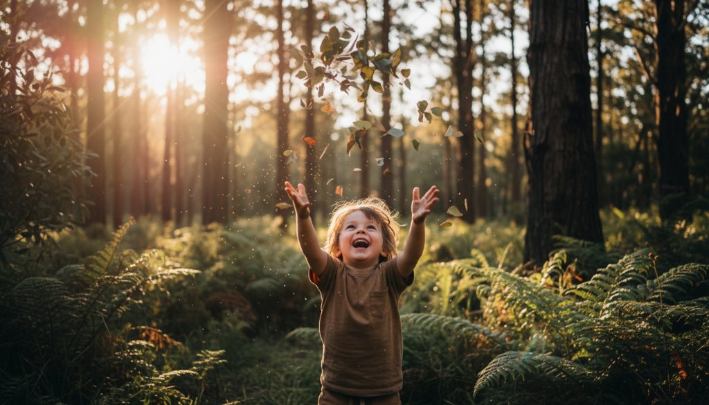A child joyfully leaping over a small stream at Ferntree Gully National Park, surrounded by lush eucalypts, capturing an epic moment of Fun Kids Photography Ferntree Gully Adventures with dramatic golden hour light.