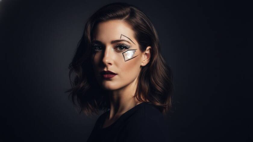 Dramatic, high-contrast close-up of a smiling young woman with artistic makeup, captured in a Gardenvale bespoke studio photography session, showcasing vibrant creative portraits with professional lighting and moody atmosphere.