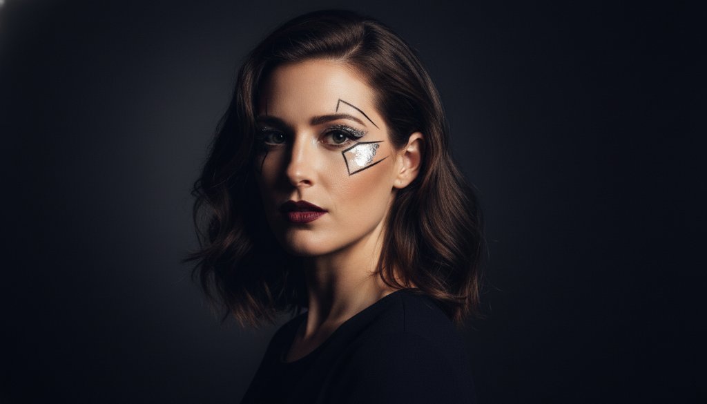 Dramatic, high-contrast close-up of a smiling young woman with artistic makeup, captured in a Gardenvale bespoke studio photography session, showcasing vibrant creative portraits with professional lighting and moody atmosphere.