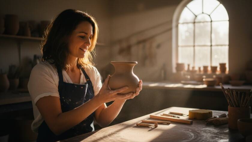 An inspiring moment captured through Gardenvale branding photography for local business impact: a vibrant local artisan in their Gardenvale workshop, surrounded by handcrafted wares, passionately explaining their craft to a potential client, with golden hour sunlight streaming through a large window creating dramatic highlights on their tools and products, emphasizing creativity and connection. The professional, color-graded image evokes trust and authenticity.