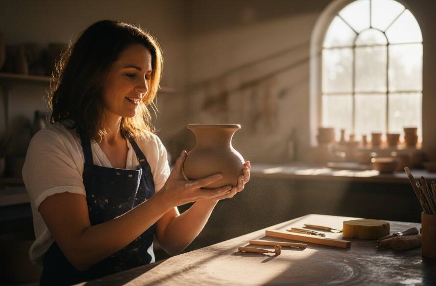 An inspiring moment captured through Gardenvale branding photography for local business impact: a vibrant local artisan in their Gardenvale workshop, surrounded by handcrafted wares, passionately explaining their craft to a potential client, with golden hour sunlight streaming through a large window creating dramatic highlights on their tools and products, emphasizing creativity and connection. The professional, color-graded image evokes trust and authenticity.