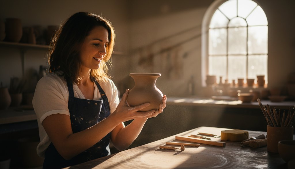 An inspiring moment captured through Gardenvale branding photography for local business impact: a vibrant local artisan in their Gardenvale workshop, surrounded by handcrafted wares, passionately explaining their craft to a potential client, with golden hour sunlight streaming through a large window creating dramatic highlights on their tools and products, emphasizing creativity and connection. The professional, color-graded image evokes trust and authenticity.