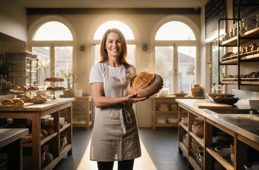 Dynamic wide-angle shot showcasing Gardenvale business branding photography expertise in action, with a modern cafe owner passionately serving coffee amidst artfully arranged products, bathed in warm, cinematic golden hour light, capturing the essence of local entrepreneurship.