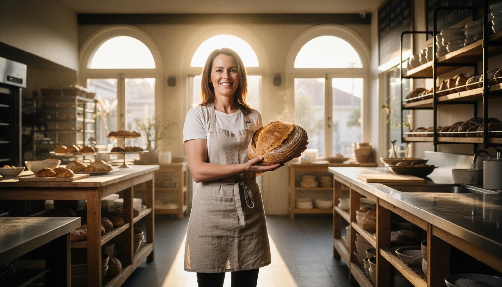 Dynamic wide-angle shot showcasing Gardenvale business branding photography expertise in action, with a modern cafe owner passionately serving coffee amidst artfully arranged products, bathed in warm, cinematic golden hour light, capturing the essence of local entrepreneurship.