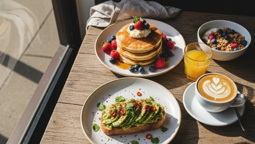 An exquisite overhead shot capturing a beautifully arranged brunch spread at a sunlit Gardenvale cafe, emphasizing the vibrant colours and textures of dishes perfect for Gardenvale café menu photography that tantalises tastebuds.