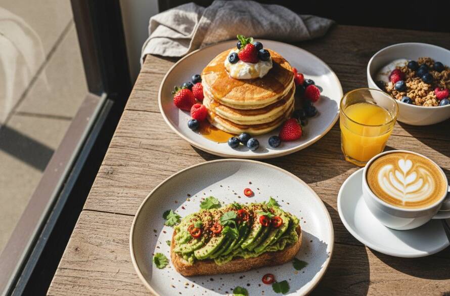 An exquisite overhead shot capturing a beautifully arranged brunch spread at a sunlit Gardenvale cafe, emphasizing the vibrant colours and textures of dishes perfect for Gardenvale café menu photography that tantalises tastebuds.