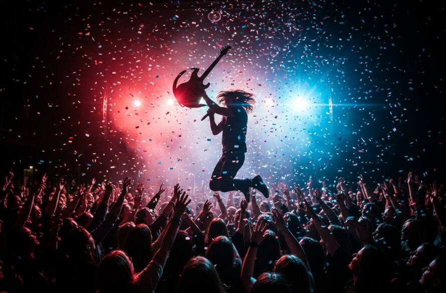 A vibrant, wide-angle shot of a lead guitarist in mid-air during an electrifying performance at a Gardenvale live music venue, bathed in dramatic stage lighting, capturing the raw energy and excitement of Gardenvale concert photography dynamic live shots.