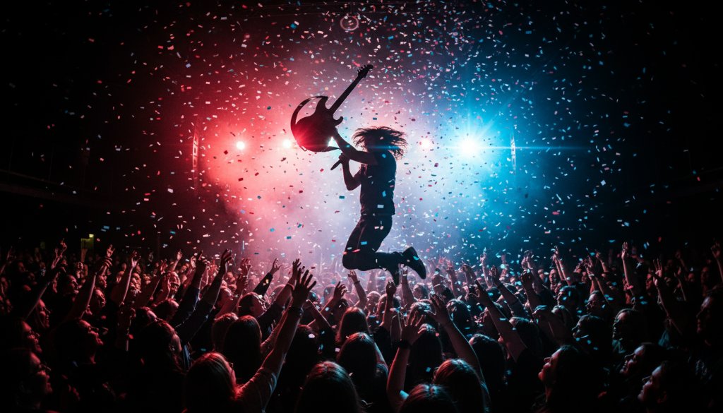 A vibrant, wide-angle shot of a lead guitarist in mid-air during an electrifying performance at a Gardenvale live music venue, bathed in dramatic stage lighting, capturing the raw energy and excitement of Gardenvale concert photography dynamic live shots.