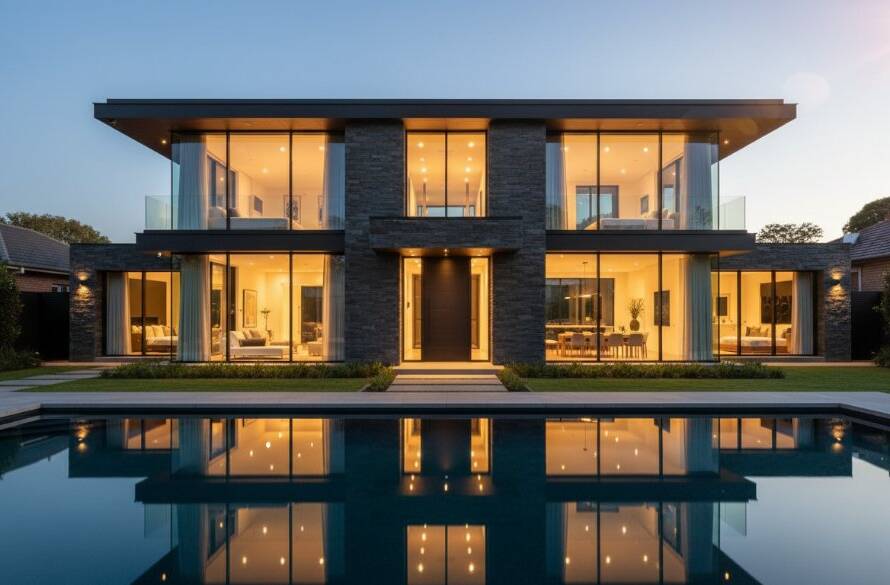 A masterfully composed twilight shot, exemplifying Gardenvale contemporary architecture photography excellence, featuring a sleek modern home with dramatic lighting and professional colour grading.