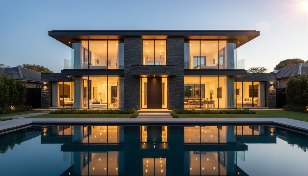 A masterfully composed twilight shot, exemplifying Gardenvale contemporary architecture photography excellence, featuring a sleek modern home with dramatic lighting and professional colour grading.