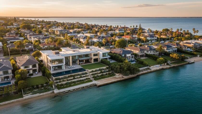 An awe-inspiring drone shot of a luxurious Gardenvale beachfront property at sunrise, showcasing the elegant coastline and clear blue waters, embodying Gardenvale drone photography capturing Melbourne's coastal elegance.