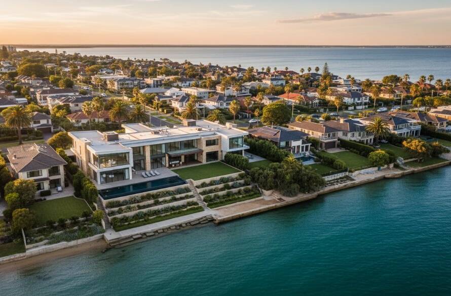 An awe-inspiring drone shot of a luxurious Gardenvale beachfront property at sunrise, showcasing the elegant coastline and clear blue waters, embodying Gardenvale drone photography capturing Melbourne's coastal elegance.