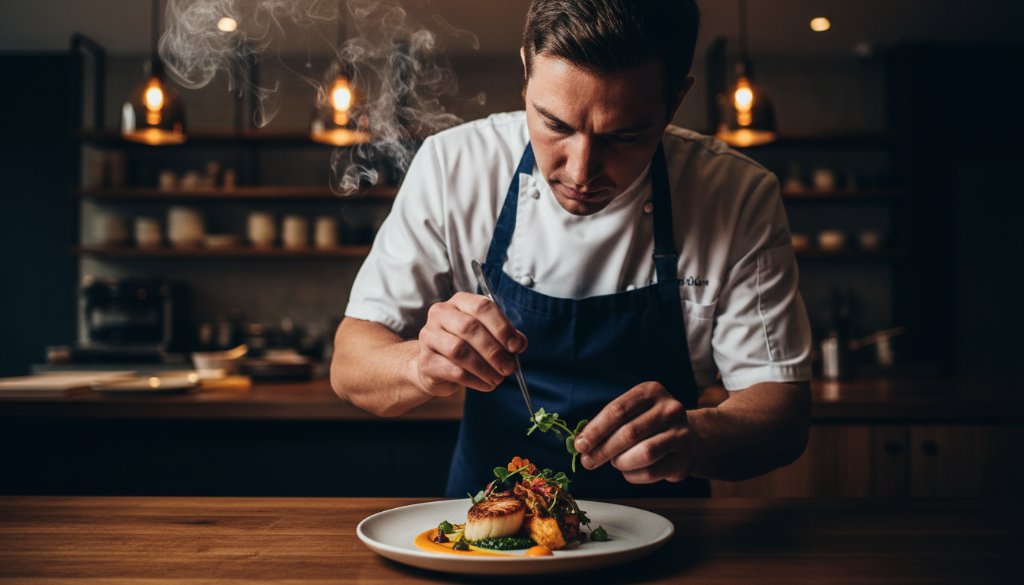 A dynamic, high-angle shot capturing a chef passionately preparing a signature dish in a modern Gardenvale cafe, showcasing Gardenvale editorial photography compelling narratives with dramatic natural light, for a local business feature.