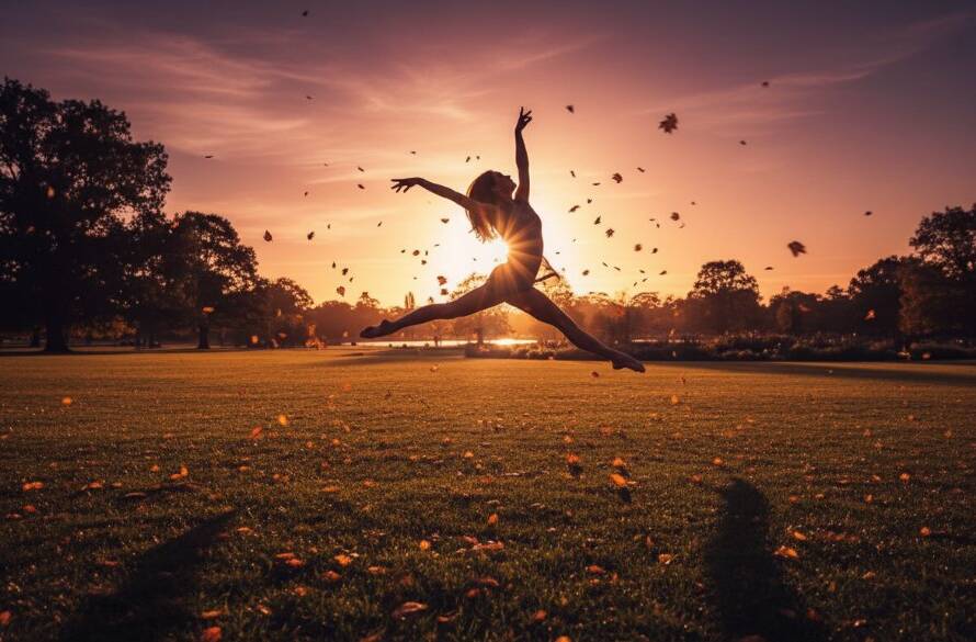 An elegant dancer performing a dramatic leap against the vibrant, leafy backdrop of a Gardenvale park at sunset, showcasing Gardenvale graceful dance photography artistry with dynamic motion blur and warm, golden hour light.
