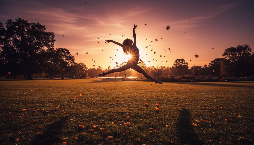 An elegant dancer performing a dramatic leap against the vibrant, leafy backdrop of a Gardenvale park at sunset, showcasing Gardenvale graceful dance photography artistry with dynamic motion blur and warm, golden hour light.