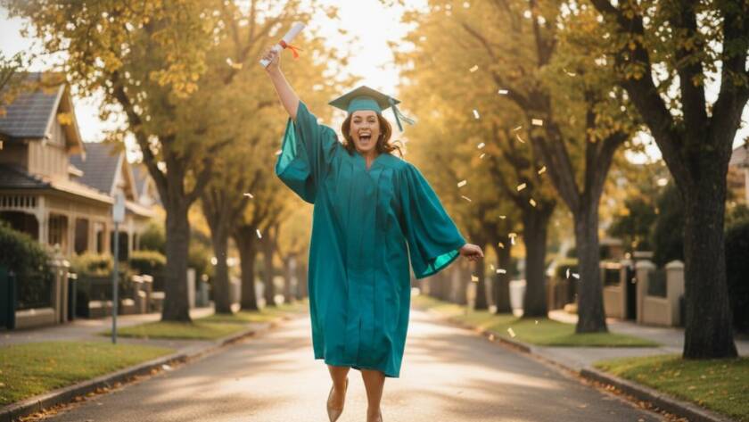 A jubilant graduate in cap and gown, framed against the iconic, leafy streets of Gardenvale, Victoria, Australia, holding their degree aloft at sunset, captured during a Gardenvale graduation photo session unforgettable moments, with dramatic golden hour lighting, depicting an epic moment of achievement and triumph.
