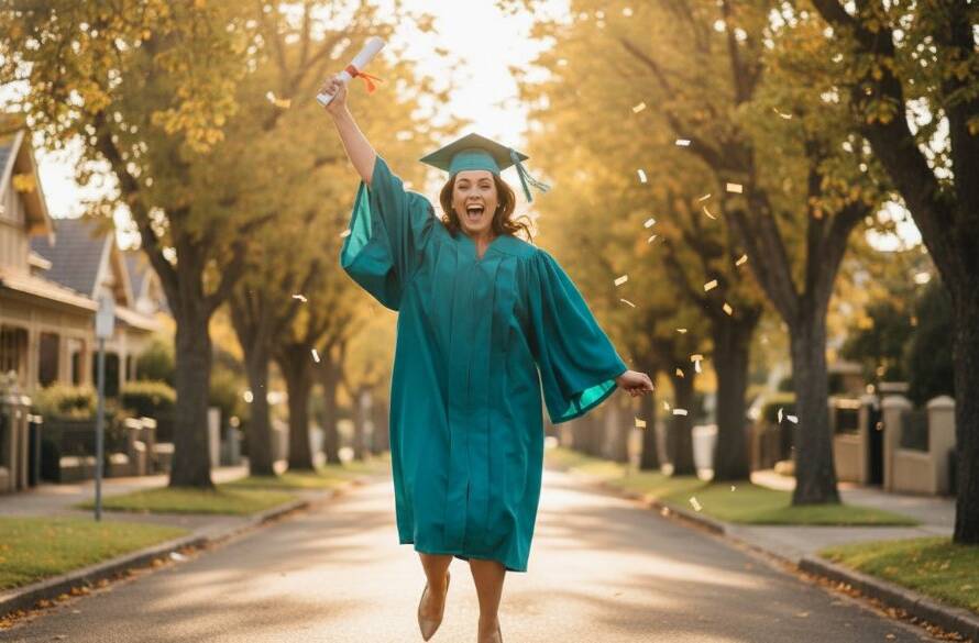 A jubilant graduate in cap and gown, framed against the iconic, leafy streets of Gardenvale, Victoria, Australia, holding their degree aloft at sunset, captured during a Gardenvale graduation photo session unforgettable moments, with dramatic golden hour lighting, depicting an epic moment of achievement and triumph.