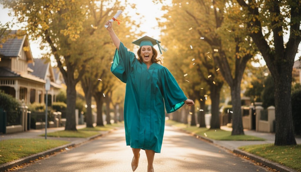 A jubilant graduate in cap and gown, framed against the iconic, leafy streets of Gardenvale, Victoria, Australia, holding their degree aloft at sunset, captured during a Gardenvale graduation photo session unforgettable moments, with dramatic golden hour lighting, depicting an epic moment of achievement and triumph.