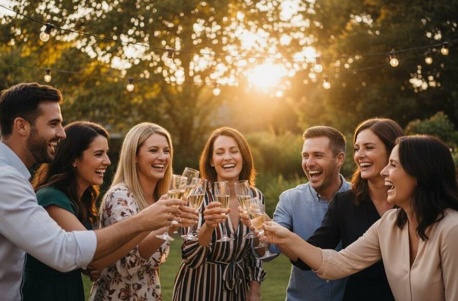A candid, joyous epic moment captured during Gardenvale intimate birthday party photography, showing a group of friends laughing heartily under warm string lights at dusk in a Gardenvale backyard, expertly lit with professional colour grading.