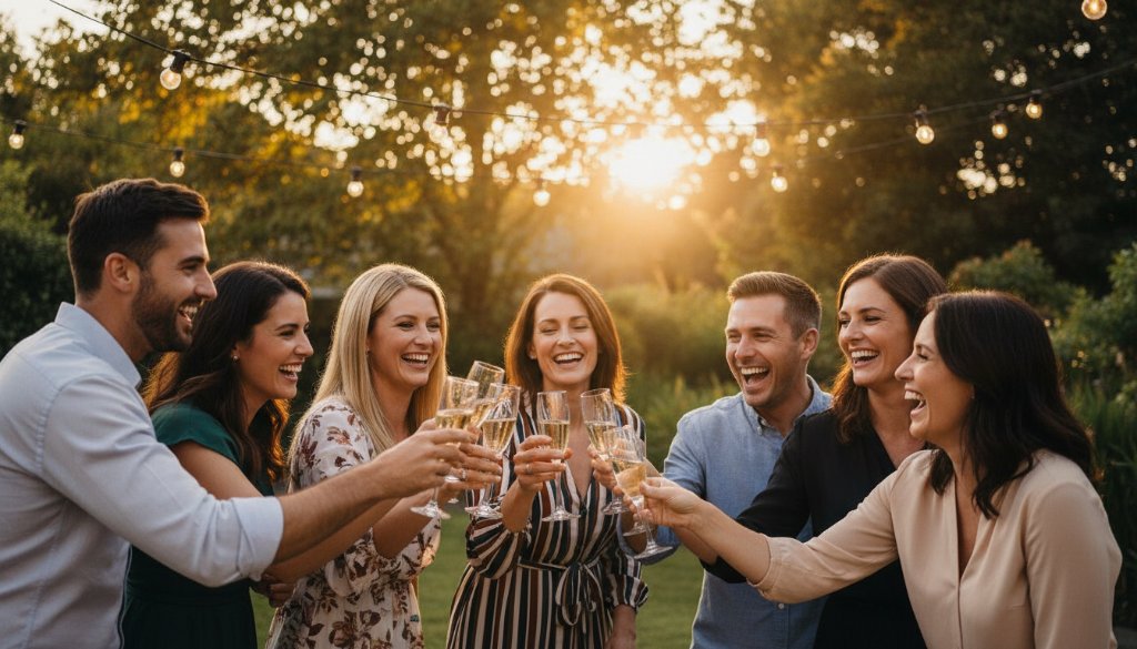 A candid, joyous epic moment captured during Gardenvale intimate birthday party photography, showing a group of friends laughing heartily under warm string lights at dusk in a Gardenvale backyard, expertly lit with professional colour grading.