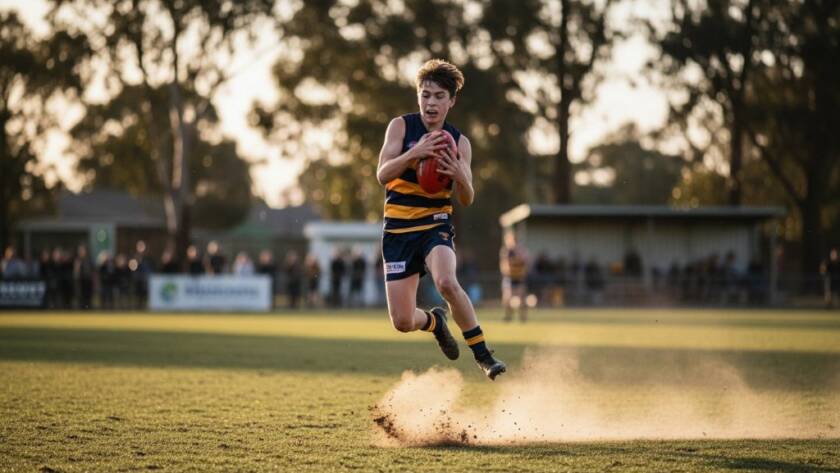 Dramatic action shot of a young athlete in Gardenvale during a junior sports event, showcasing the intensity and joy of Gardenvale junior sports photography.