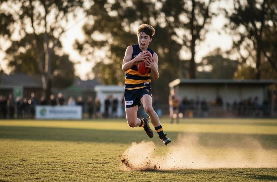 Dramatic action shot of a young athlete in Gardenvale during a junior sports event, showcasing the intensity and joy of Gardenvale junior sports photography.