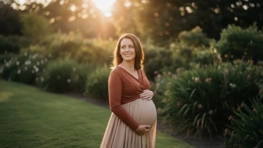 An ethereal Gardenvale maternity photography glowing outdoor portrait featuring a pregnant woman bathed in golden hour light, walking through lush Gardenvale parkland, capturing an epic moment of serene beauty.