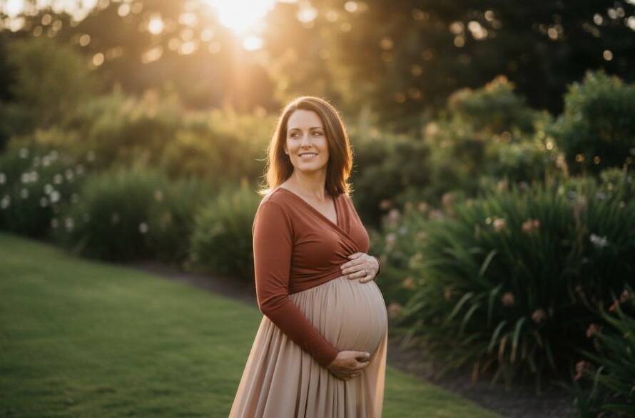 An ethereal Gardenvale maternity photography glowing outdoor portrait featuring a pregnant woman bathed in golden hour light, walking through lush Gardenvale parkland, capturing an epic moment of serene beauty.