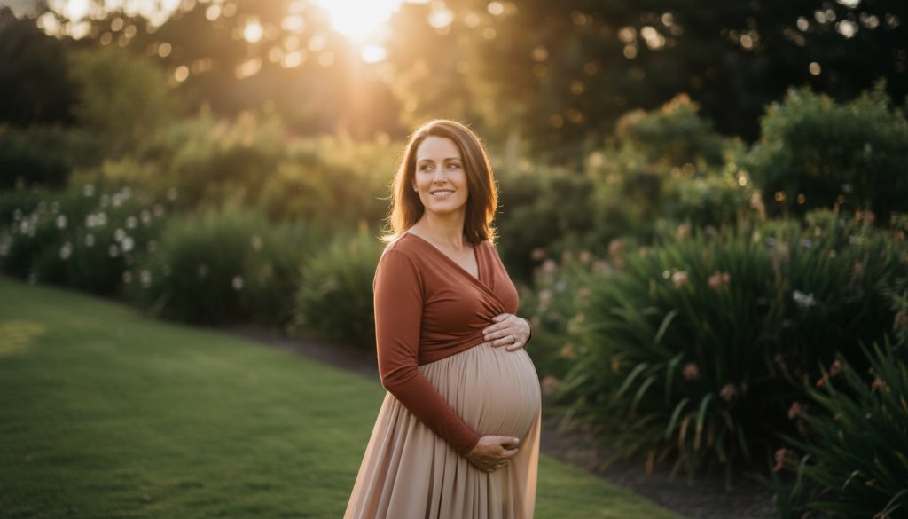 An ethereal Gardenvale maternity photography glowing outdoor portrait featuring a pregnant woman bathed in golden hour light, walking through lush Gardenvale parkland, capturing an epic moment of serene beauty.
