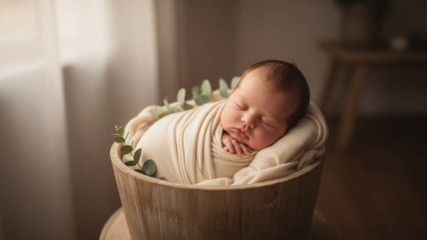 A heartwarming, softly lit 'Gardenvale Newborn Photography Timeless Artistic Portraits' capturing a newborn baby peacefully swaddled in soft grey fabric, nestled in a delicate rustic wooden bowl with a sprig of eucalyptus, bathed in dramatic window light, showcasing tender new life in an artistic and natural style.