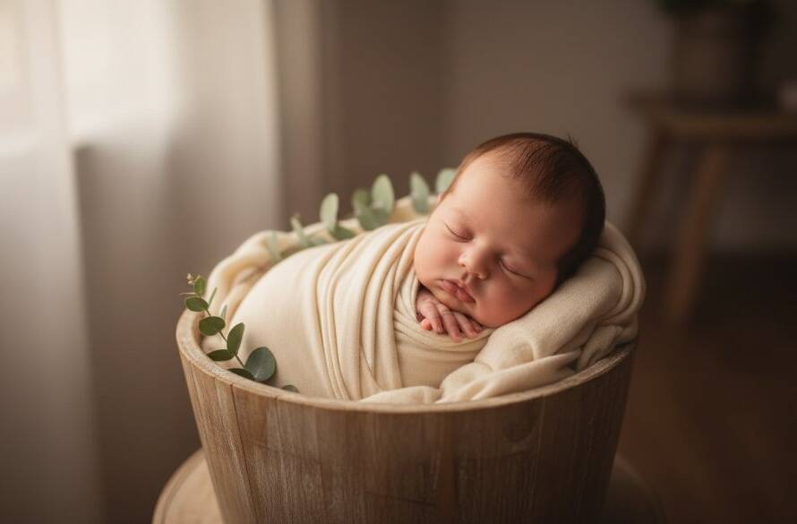 A heartwarming, softly lit 'Gardenvale Newborn Photography Timeless Artistic Portraits' capturing a newborn baby peacefully swaddled in soft grey fabric, nestled in a delicate rustic wooden bowl with a sprig of eucalyptus, bathed in dramatic window light, showcasing tender new life in an artistic and natural style.