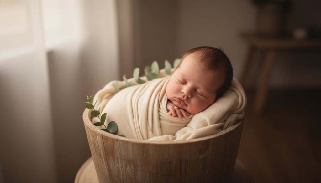 A heartwarming, softly lit 'Gardenvale Newborn Photography Timeless Artistic Portraits' capturing a newborn baby peacefully swaddled in soft grey fabric, nestled in a delicate rustic wooden bowl with a sprig of eucalyptus, bathed in dramatic window light, showcasing tender new life in an artistic and natural style.