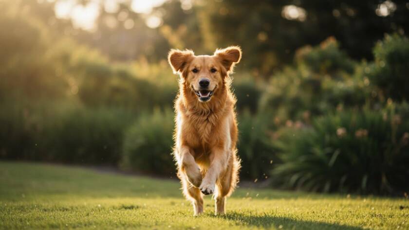 An epic moment captured in Gardenvale pet photography joyful outdoor portraits: a Golden Retriever mid-leap, silhouetted against a golden sunset in a local park, tail wagging, pure joy on its face, professional lighting, vibrant colours.