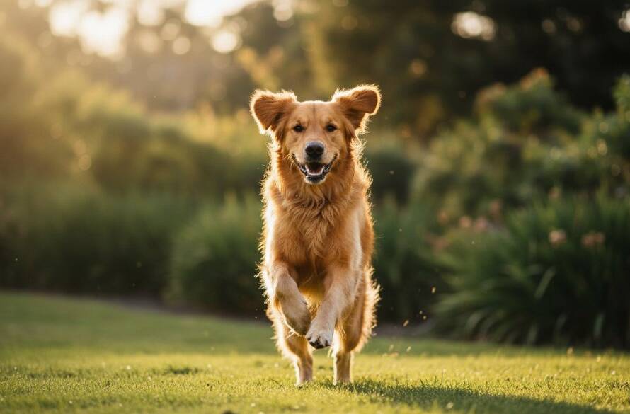 An epic moment captured in Gardenvale pet photography joyful outdoor portraits: a Golden Retriever mid-leap, silhouetted against a golden sunset in a local park, tail wagging, pure joy on its face, professional lighting, vibrant colours.