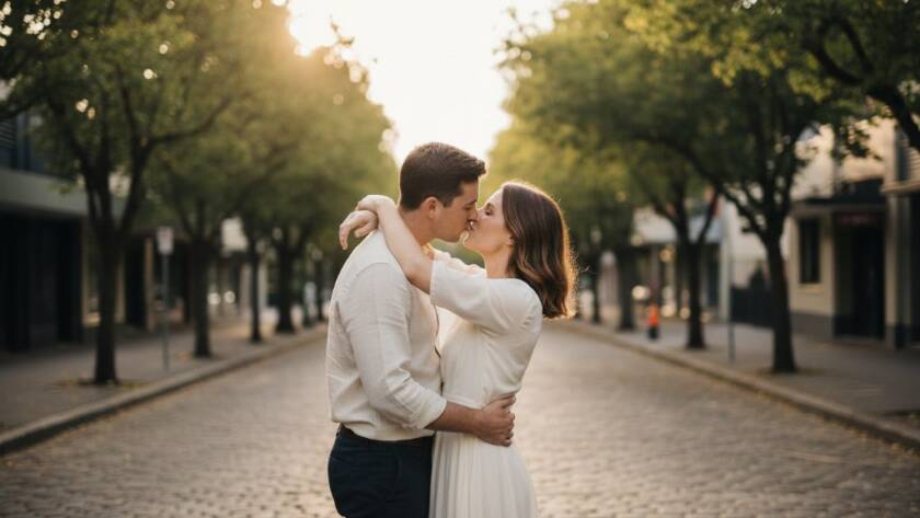 A couple shares a tender, iconic moment during their Gardenvale pre-wedding photoshoot at golden hour, silhouetted against the iconic art deco architecture of Gardenvale station, with dramatic, warm lighting and professional colour grading.