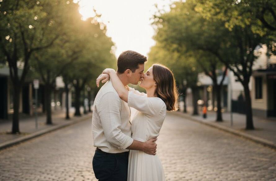 A couple shares a tender, iconic moment during their Gardenvale pre-wedding photoshoot at golden hour, silhouetted against the iconic art deco architecture of Gardenvale station, with dramatic, warm lighting and professional colour grading.