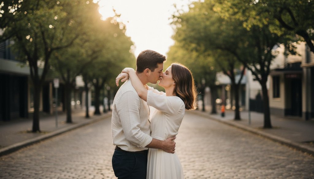 A couple shares a tender, iconic moment during their Gardenvale pre-wedding photoshoot at golden hour, silhouetted against the iconic art deco architecture of Gardenvale station, with dramatic, warm lighting and professional colour grading.