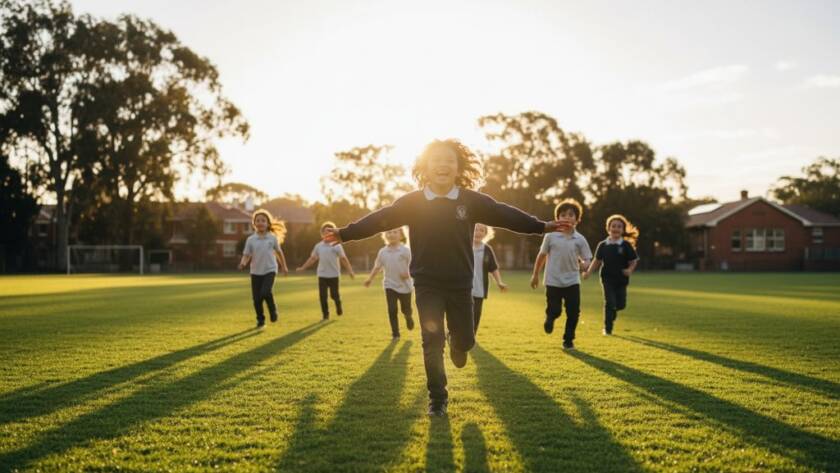 A vibrant, wide-angle shot of excited primary school children in Gardenvale, Victoria, laughing and running on a sunny school oval, embodying Gardenvale primary school authentic photography. Dramatic golden hour lighting, professional colour grading, capturing pure joy and energy.