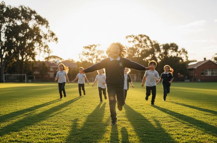 A vibrant, wide-angle shot of excited primary school children in Gardenvale, Victoria, laughing and running on a sunny school oval, embodying Gardenvale primary school authentic photography. Dramatic golden hour lighting, professional colour grading, capturing pure joy and energy.