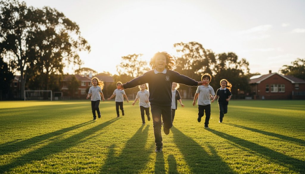 A vibrant, wide-angle shot of excited primary school children in Gardenvale, Victoria, laughing and running on a sunny school oval, embodying Gardenvale primary school authentic photography. Dramatic golden hour lighting, professional colour grading, capturing pure joy and energy.